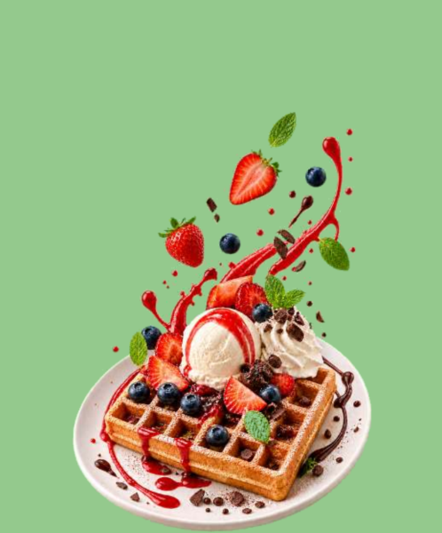 Waffel mit Früchten, Eis und Sahne – Beispielabbildung aus unserer Speisekarte